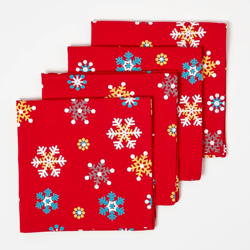 image 1 of Homescapes Christmas Red Snowflake Cotton Fabric 4 Napkins Set