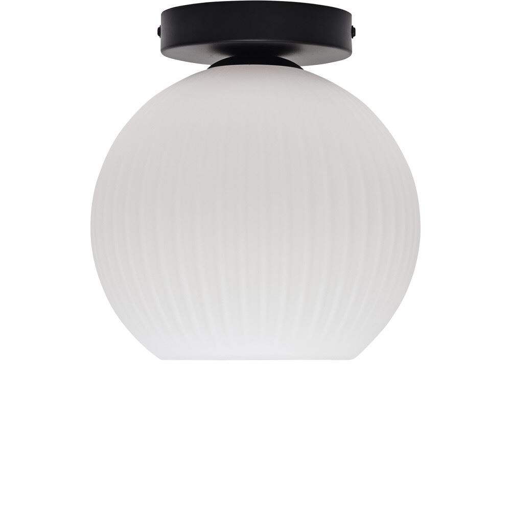 First Choice Lighting Betchley - White Ribbed Glass Globe Black Ceiling Light Fitting