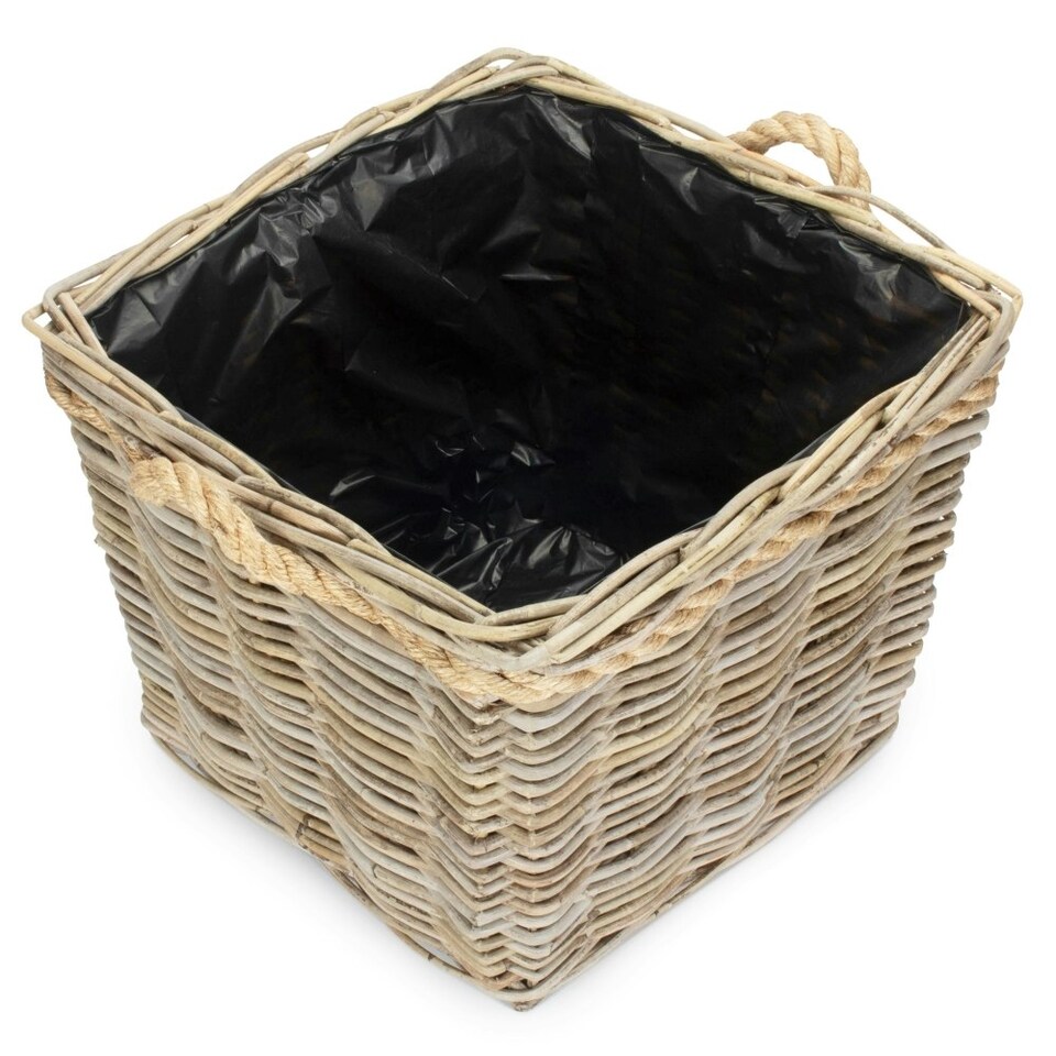 image 1 of Medium Square Tapered Rope Handled Rattan Planter With Plastic Lining