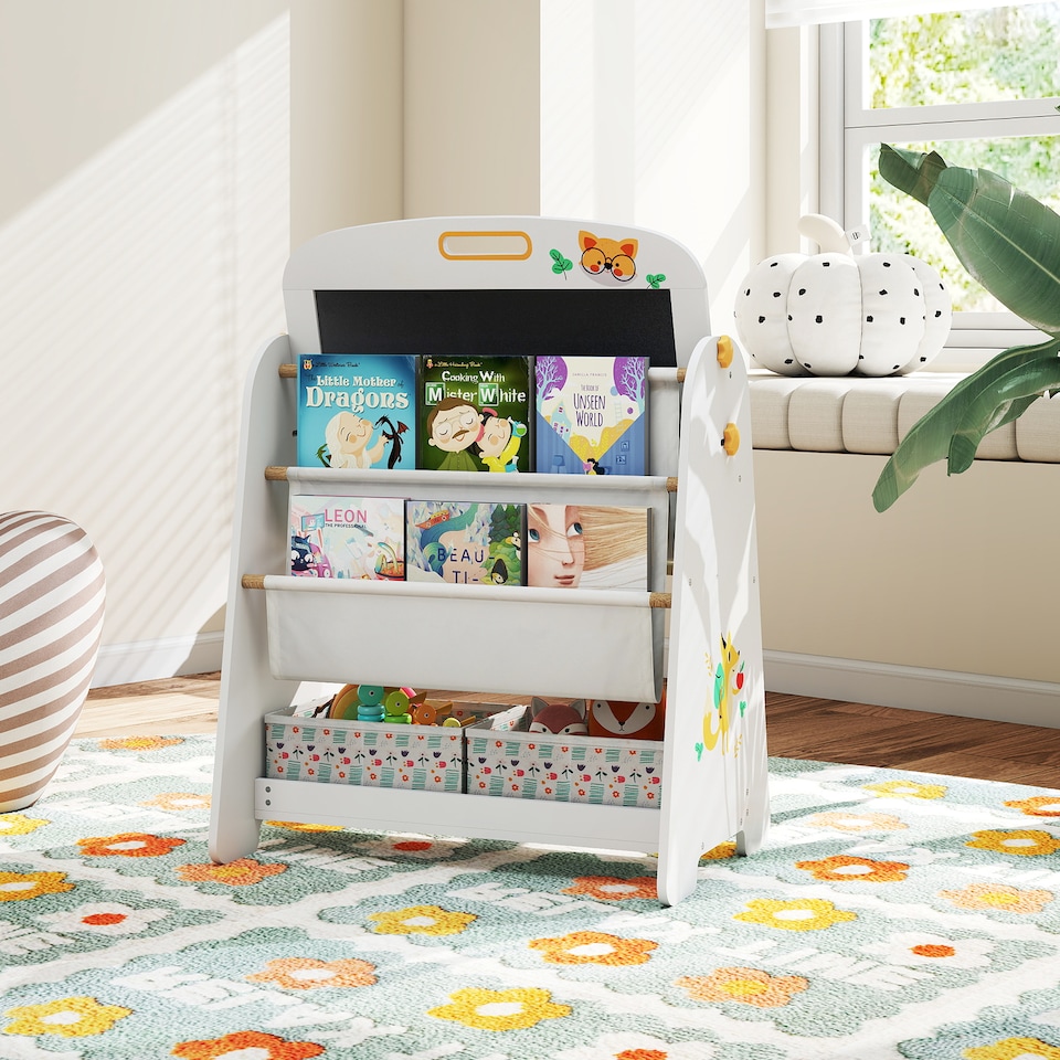 image 1 of COSTWAY 4-in-1 Art Easel and Bookshelf with Magnetic Grey