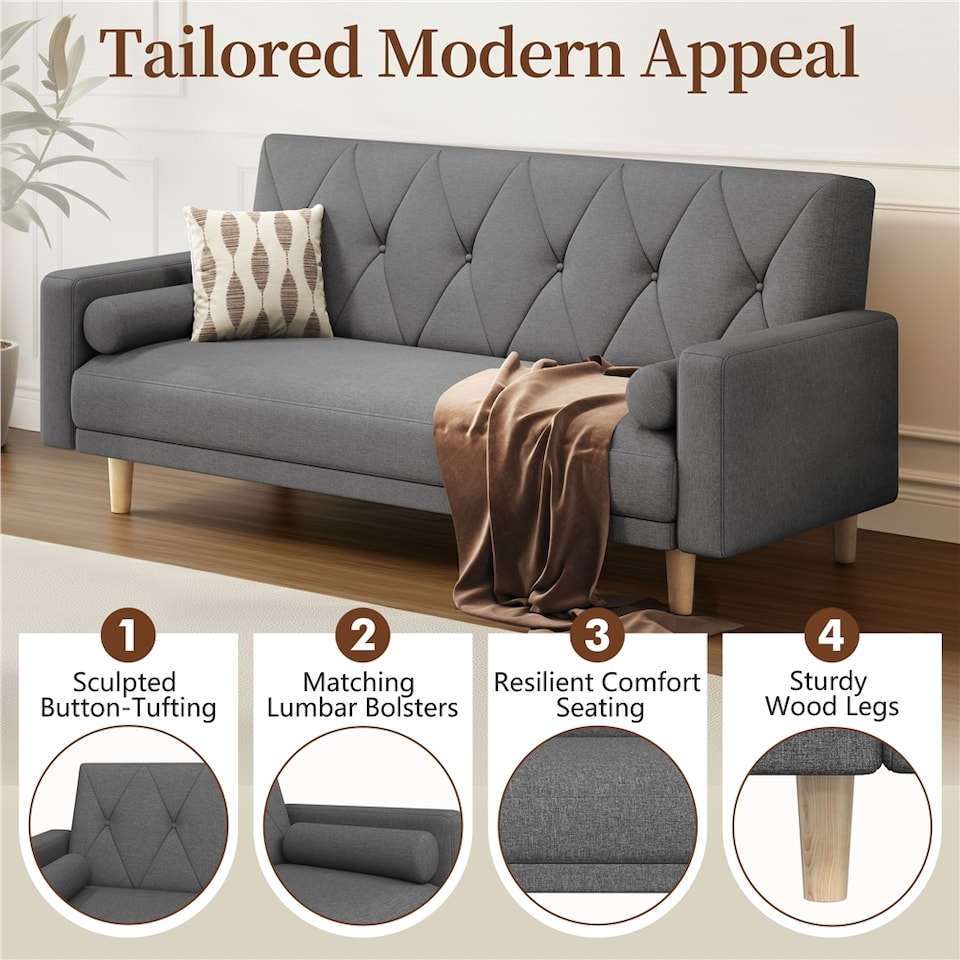 image 1 of Yaheetech Fabric Convertible Sofa Bed with 2 Bolster Pillows-Dark Grey