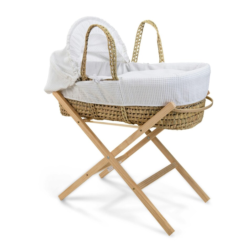 image 1 of Clair de Lune Waffle Palm Moses Basket With Folding Stand - White