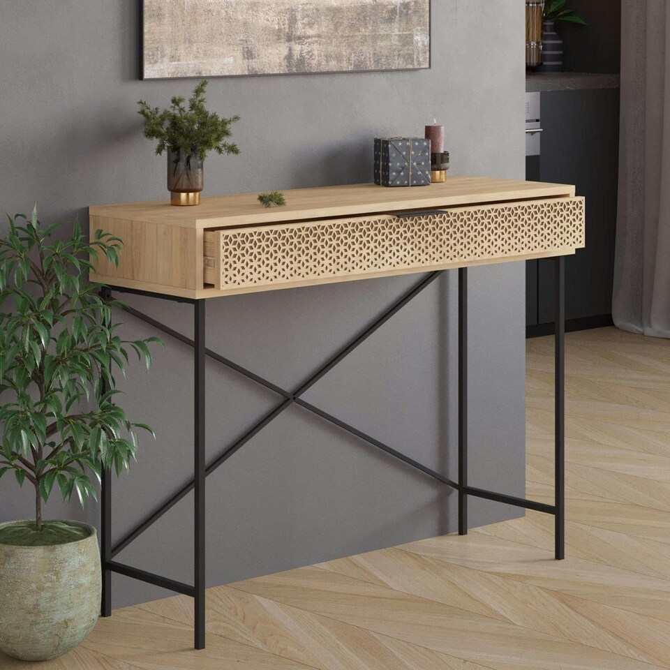 image 1 of Naive 1 Drawer Console Table Sapphire Oak with Black Metal Frame Brown