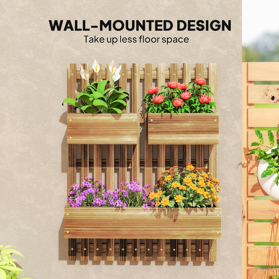 image 1 of Outsunny Wooden Garden Planters with Trellis Wall-mounted Raised Bed