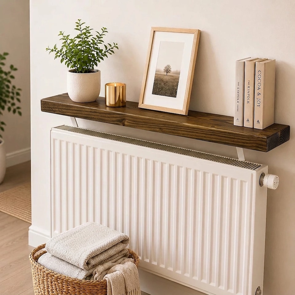 image 1 of MKGT Solid Wood Radiator Shelf with No-Drill Brackets, Handmade in UK, Tudor Oak – 120cm