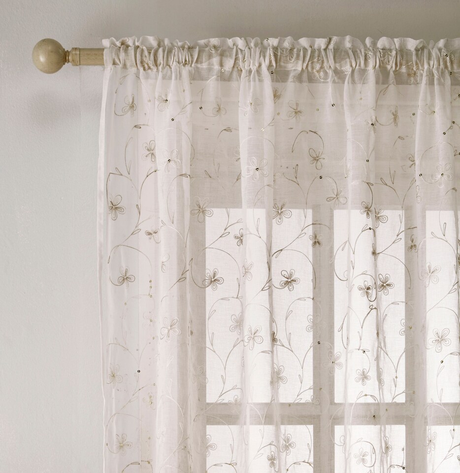 image 1 of Pair of Belle Cream Sheer Floral Embroidery Voile Panels with Rod Pocket Header 183 CMS