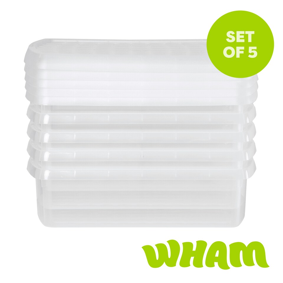 image 1 of Wham Clip 5x 8.5L Rectangular Plastic Storage Boxes with Clip Lock Lids. Ideal for Home, Office, Toys & More - Clear/Clear | Clear | 5