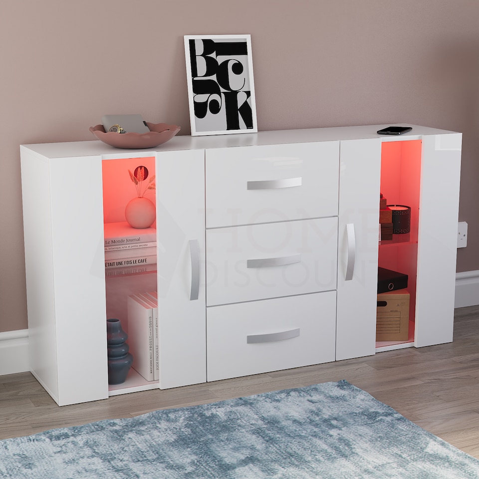 image 1 of Vida Designs Astro 2 Door 3 Drawer LED Sideboard Buffet Cabinet Storage, White | White | 1