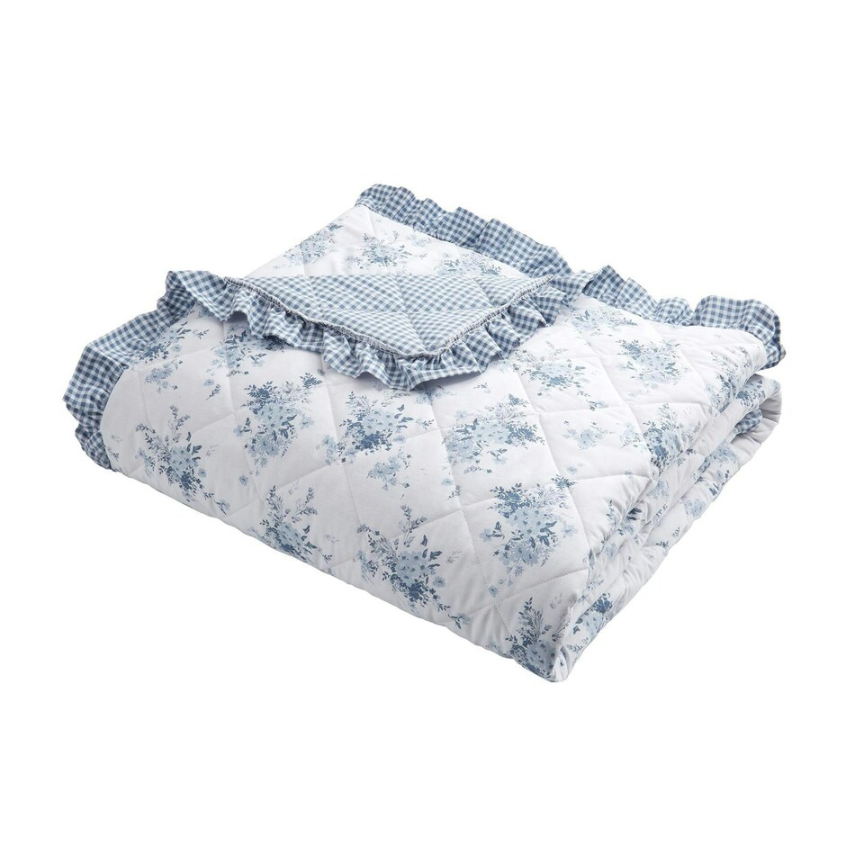 image 1 of Catherine Lansfield Lucie Floral Frill Blue Bedspread | Multi