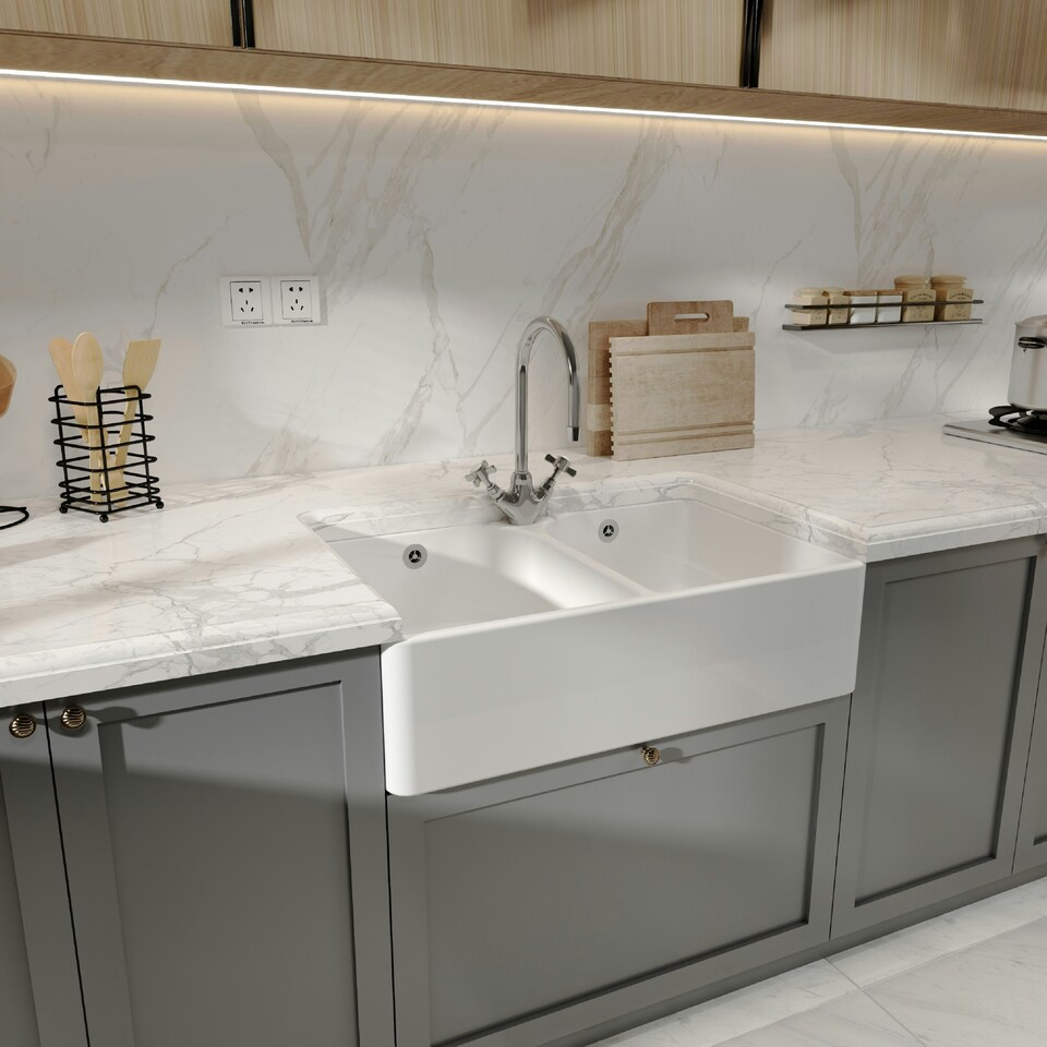 image 1 of Double Bowl Fireclay Ceramic Butler Kitchen Sink with Full Weir, Overflows & Wastes