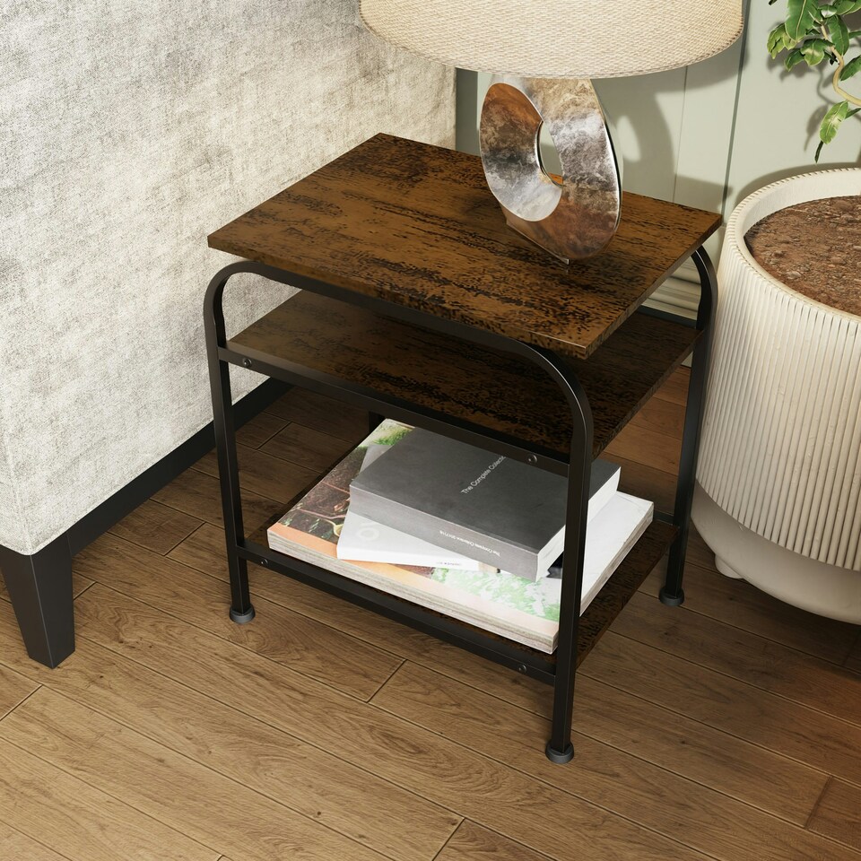 image 1 of Industrial Urban Design 3 Tier Side or End Table. Black Metal Frame. Black