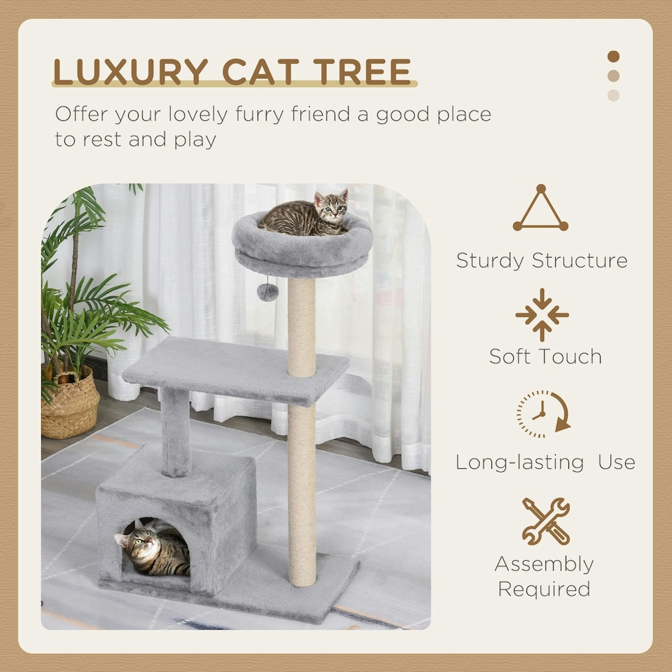 image 1 of PawHut Cat Tree Tower Indoor with Condo Sisal Scratch Post, 96cm Tall, Grey
