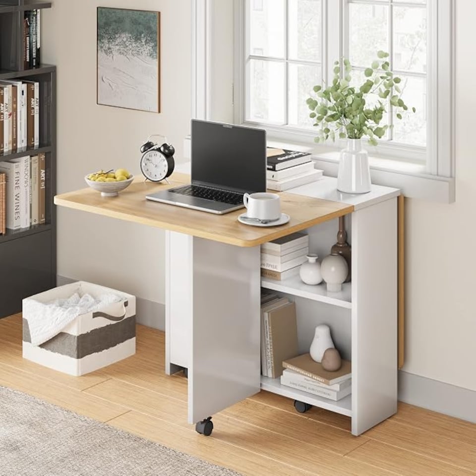 image 1 of London Boutique Natural Wood Drop Leaf Folding Dining Table, Mobile Kitchen Island with Lockable Wheels & Storage Shelves