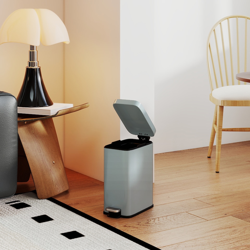 image 1 of HOMCOM 5L Rectangular Compact Bin Steel Body Removable Bucket Quiet-Close Lid w Pedal Lid Rubbish Trash Can Home Office Bedroom Bathroom Living Room Garbage Tidy Clean Grey | Grey | 1