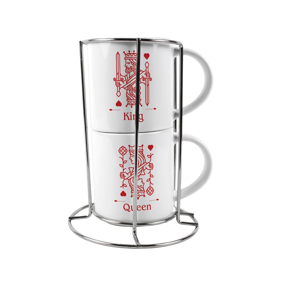 image 1 of King & Queen Stacking Mugs Set Gift - Red Playing Cards Ceramic Cups Set of 2 with Metal Stand, Classic Game Gifts for Couples | White