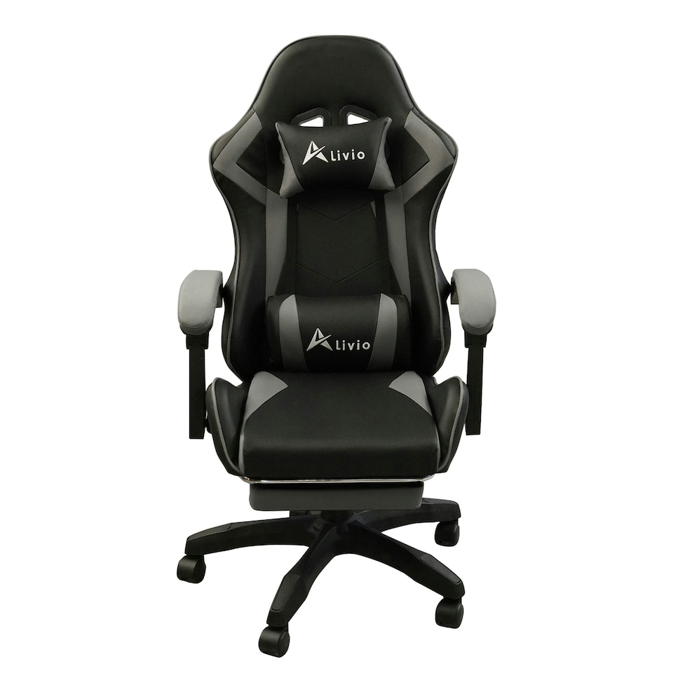 image 1 of 360 Degree Swivel Gaming Chair with Footrest Lumbar Support Back Support - Grey