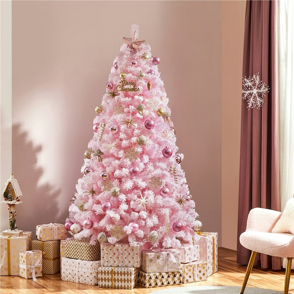image 1 of Yaheetech 183 cm Tall Unlit Flocked Artificial Christmas Tree Pink