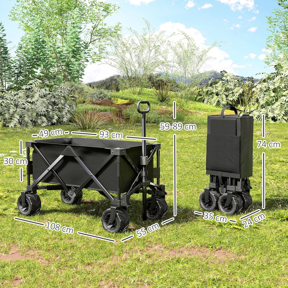 image 1 of Outsunny Outdoor Pull Along Garden Trolley on Wheels Folding Beach Cart Black