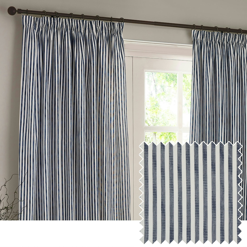 image 1 of Yard Hebden Striped Cotton Navy Pencil Pleat Curtains 168 x 229cm