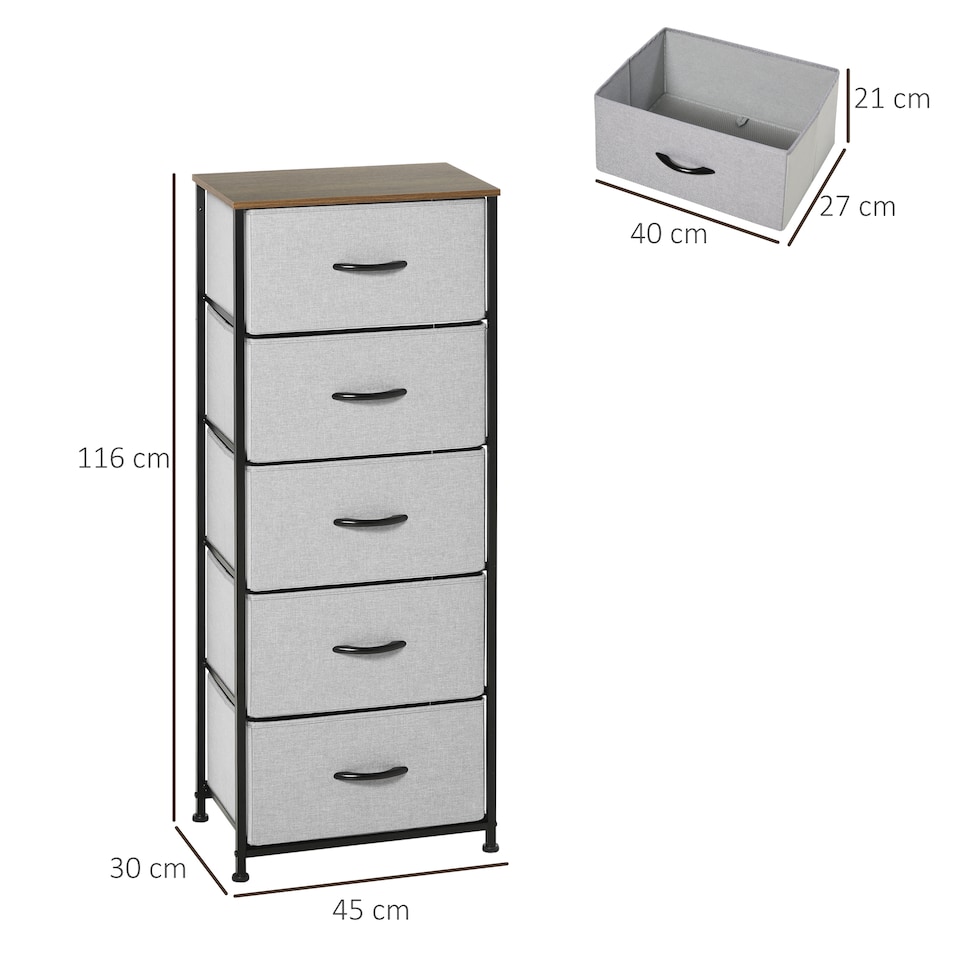 image 1 of HOMCOM Fabric Chest of Drawers, Industrial Bedroom Dresser with 5 Fabric Drawers, Steel Frame and Wooden Top for Nursery, Living Room, Hallway, Grey