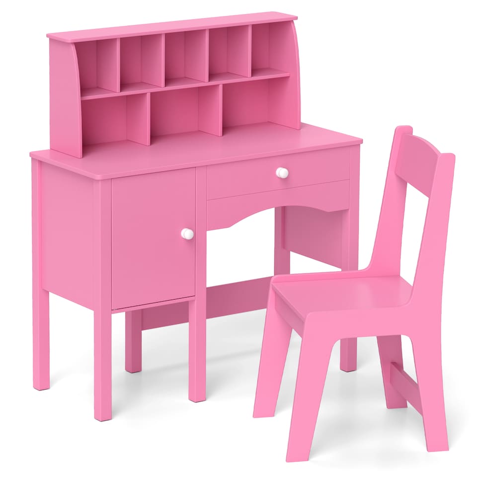 image 1 of COSTWAY Kids Study Desk and Chair Set Children Wooden Craft Table & Chair-Pink