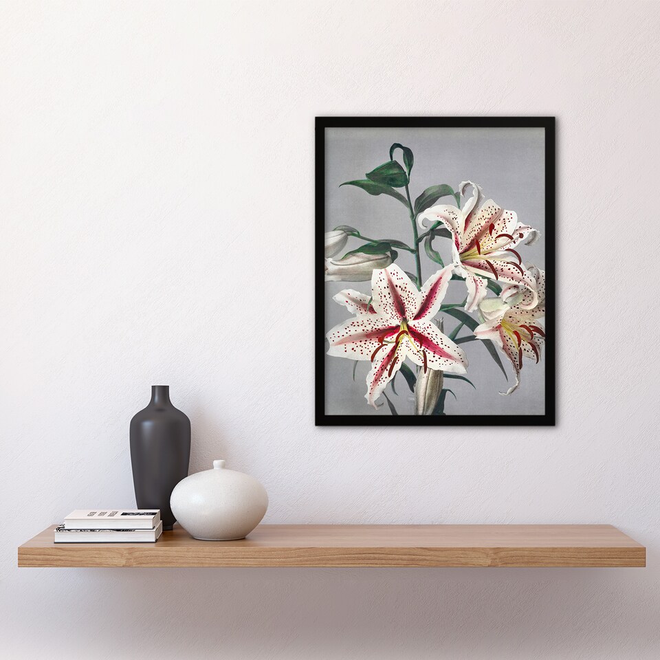image 1 of White Pink Spotted Lily Flowers Vintage Framed Wall Art Print Kazumasa 12x16"