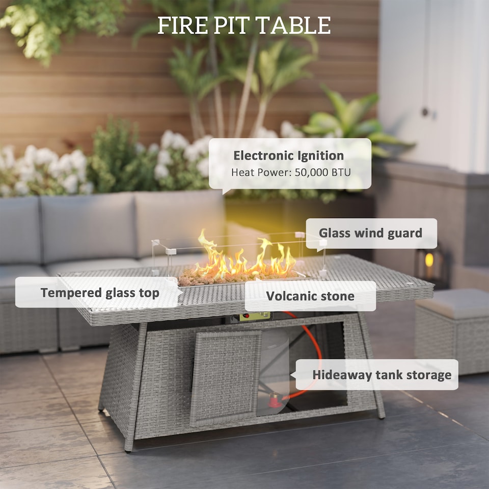 image 1 of Outsunny 7 Pieces Rattan Garden Furniture Set w/ 50,000 BTU Fire Pit Table | Grey
