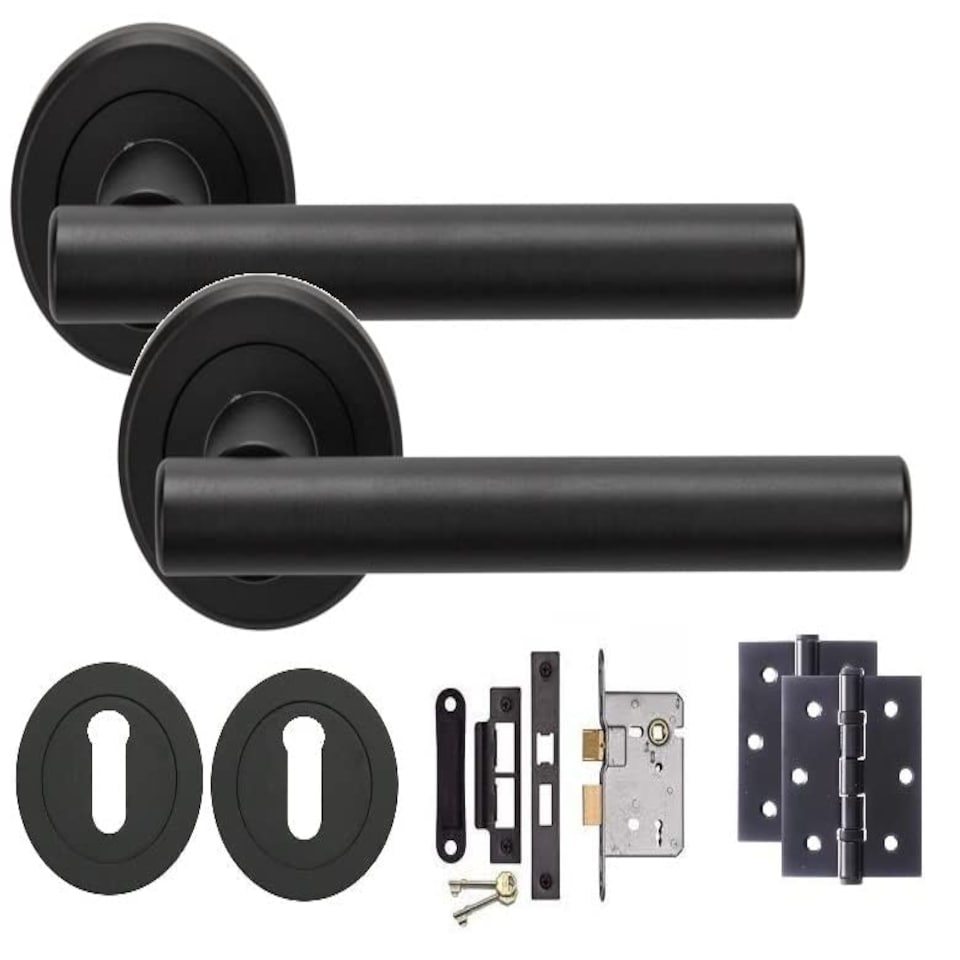 image 1 of Golden Grace Straight T-Bar Key Lock Door Handles on Round Rose in Stunning Matte Black Finish 3 Lever Mortise Lock and 1 Pair of Ball Bearing Hinges Black