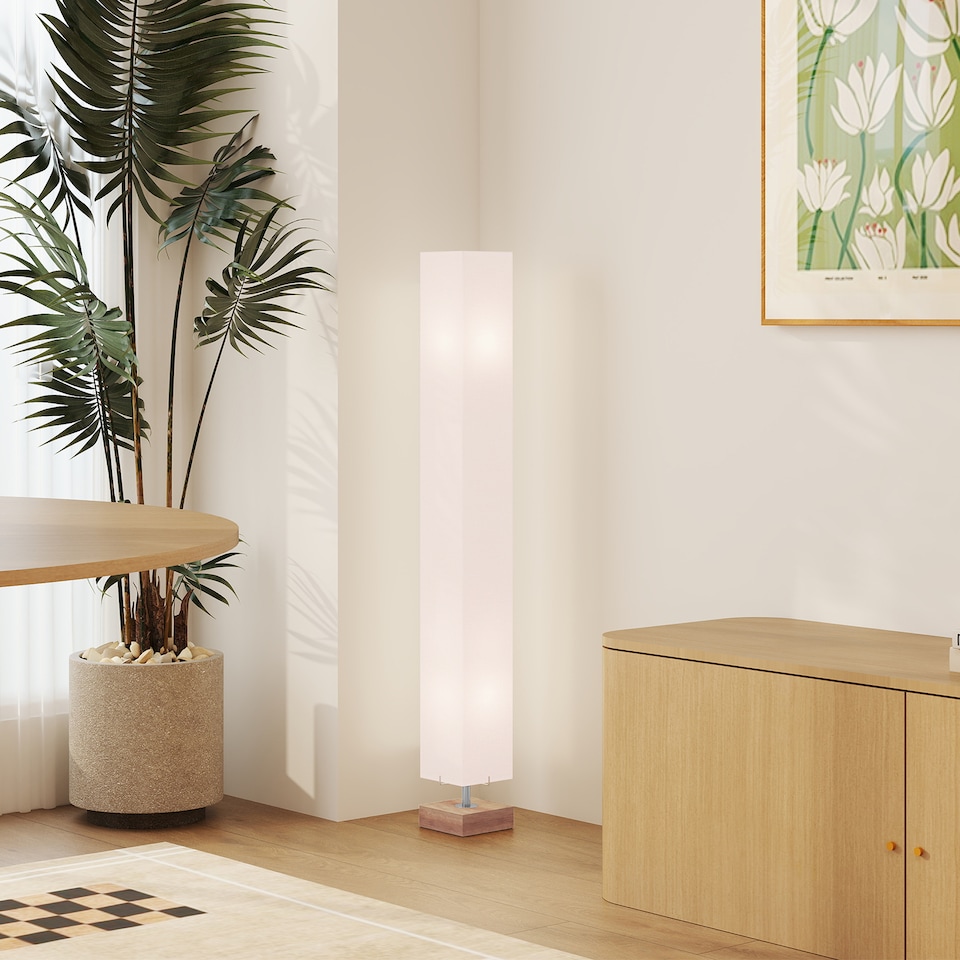 image 1 of HOMCOM Floor Lamp, 120cm Standing Lamp with Linen Lampshade, Standard Light with Pine Wood Base for Living Room, Bedroom (Bulbs Not Included)