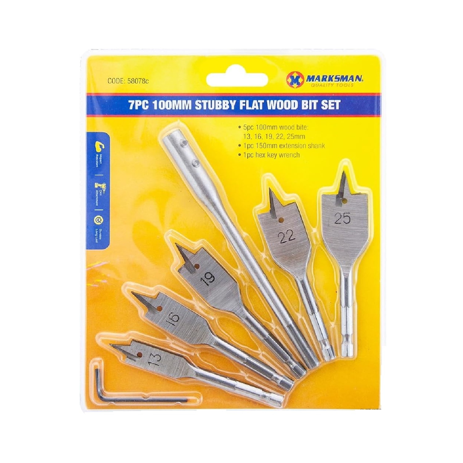 BARGAINS-GALORE 7pc 100mm Stubby Flat Wood Bit Set Drill Extension Short New Hex Key in Silver