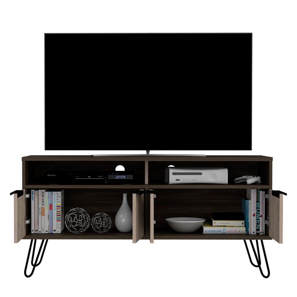 image 1 of Nevada Smoked Oak Wide 4-Door TV Unit - Modern Media Cabinet with Storage, Shelves, and Hairpin Legs | Brown | Brown | 1