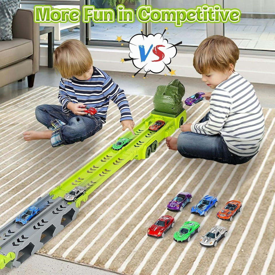 image 1 of Portable Dinosaur Race Track Truck Toy Car Transport Carrier Play Set with 6 Racing Cars – Educational and Storage Toy for Kids