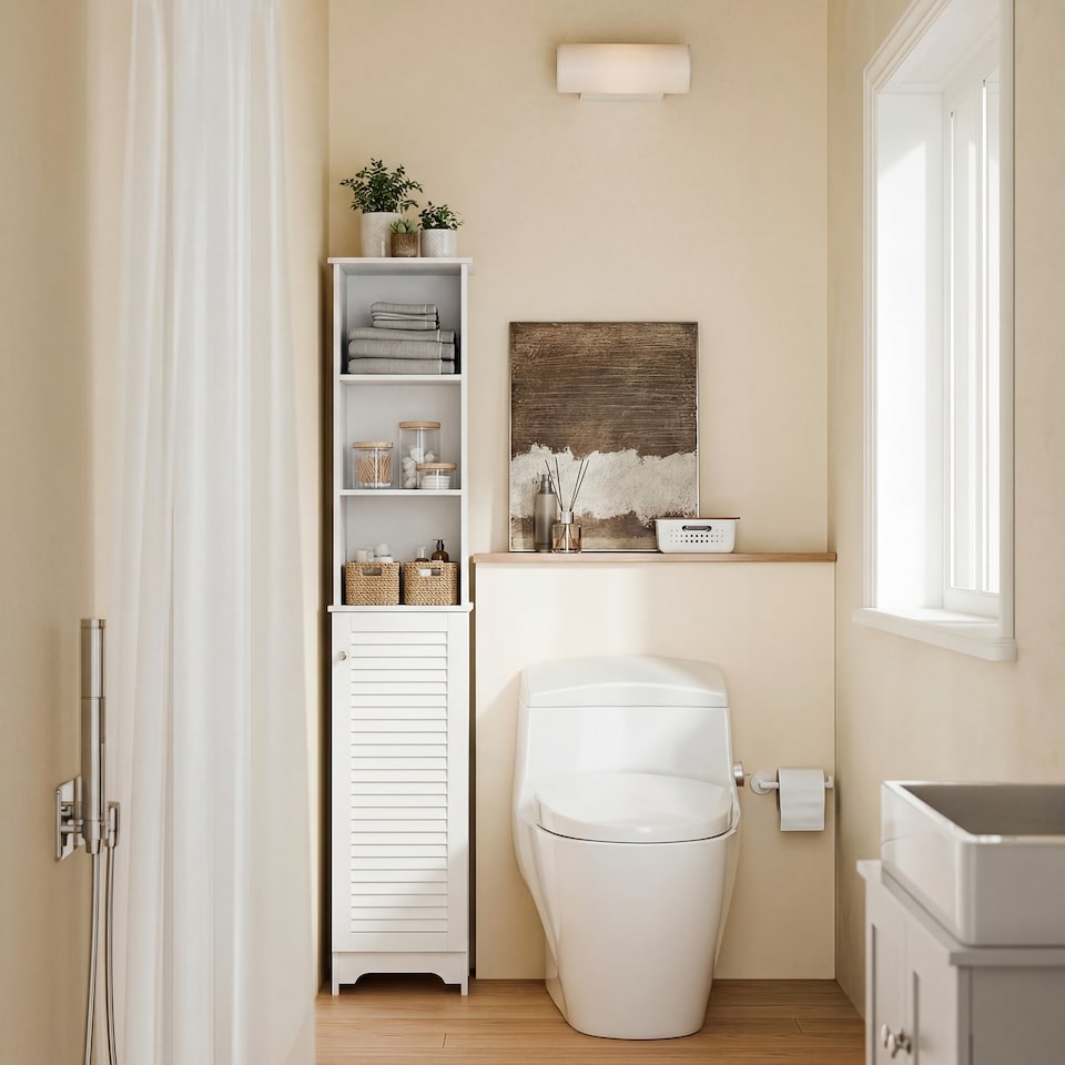 image 1 of HOMCOM 165cm Freestanding Slimline Bathroom Storage Cabinet w/ 6 Shelves White