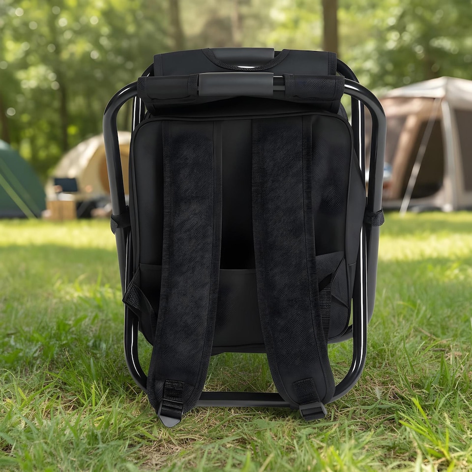 image 1 of OHS 3-in-1 Camping Backpack Stool Cooling Bag Chair Folding Rucksack Seat | Black