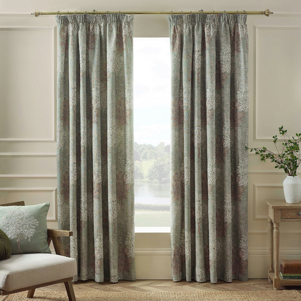 image 1 of Catherine Lansfield Woodland Trees 46x54 Inch Lined Pencil Pleat Curtains Green Gold | Champagne Gold