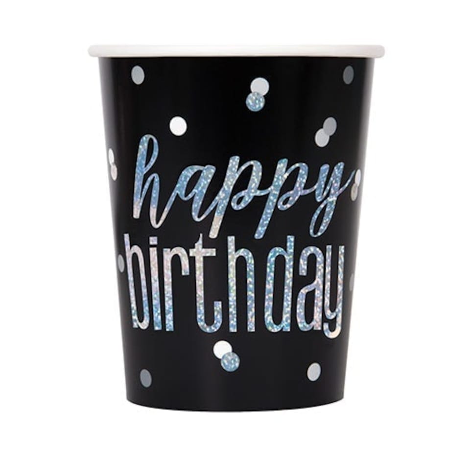 Black Glitz Holographic Birthday Paper Cups 270ml - Pack of 8