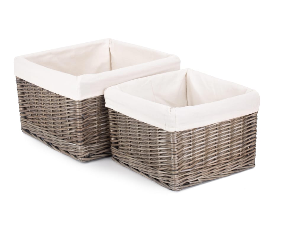 image 1 of Set of 2 Square Antique Wash Lined Storage Basket | White | White | Not provided