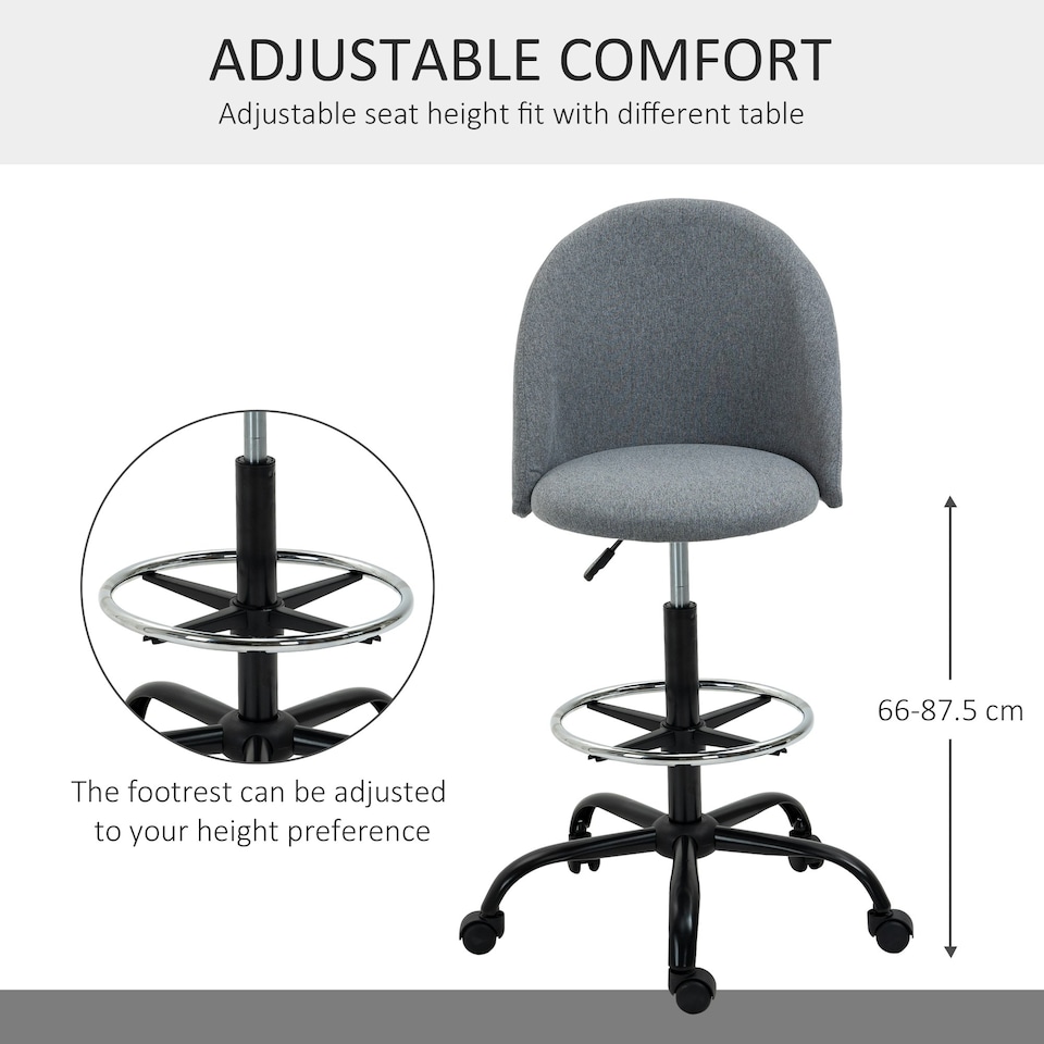 image 1 of Vinsetto Draughtsman Chair Home Office Ergonomic 5 Wheels Padded Seat Grey