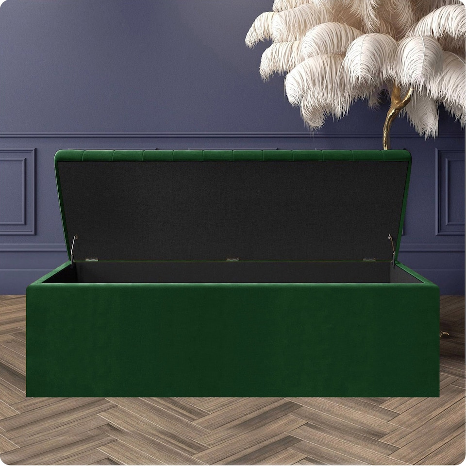 image 1 of 120cm Safar Large Striped Storage Ottoman Box, Forest Green Plush Velvet Upholstered Deep Storage Ottoman End of Bed Bench