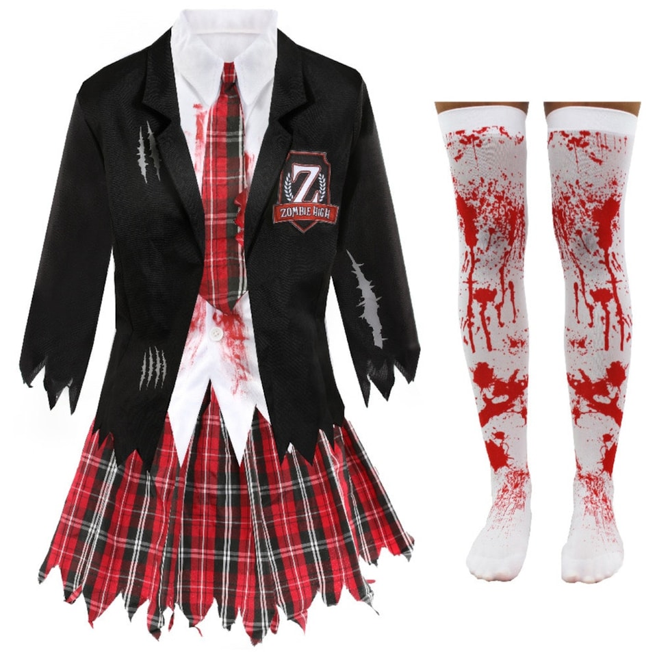 image 1 of Zombie Schoolgirl Costume With Stockings | Multi | XL