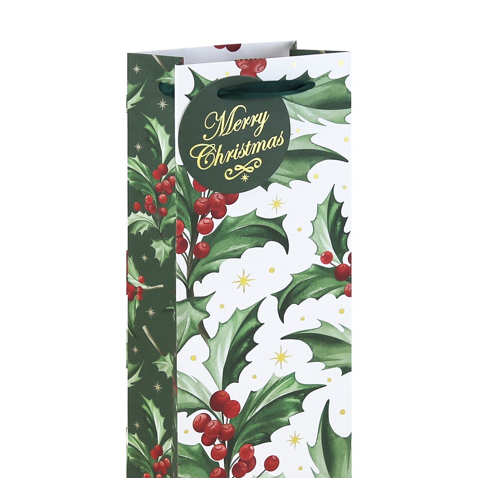 image 1 of Holly Merry Christmas White Kraft Bottle Gift Bag 35cm