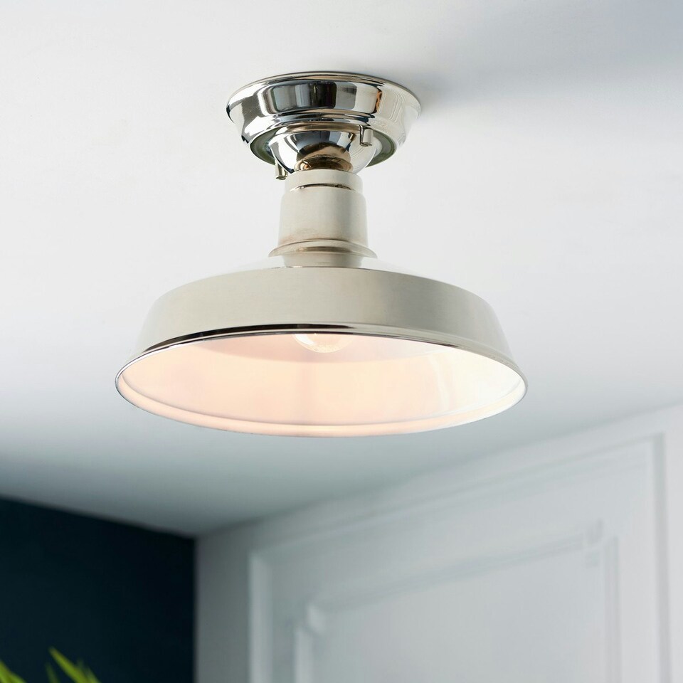 image 1 of Darton Semi Flush Ceiling Pendant Light Polished Nickel, Gloss White Inner Shade