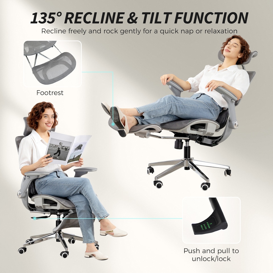 image 1 of HOMCOM Ergonomic Office Chair, High Back Mesh Desk Chair with Reclining Separated Backrest, Lumbar Support, 4D Flip-up Armrests, Adjustable Headrest, Tilt Function, Footrest for Home Office, Grey | Grey