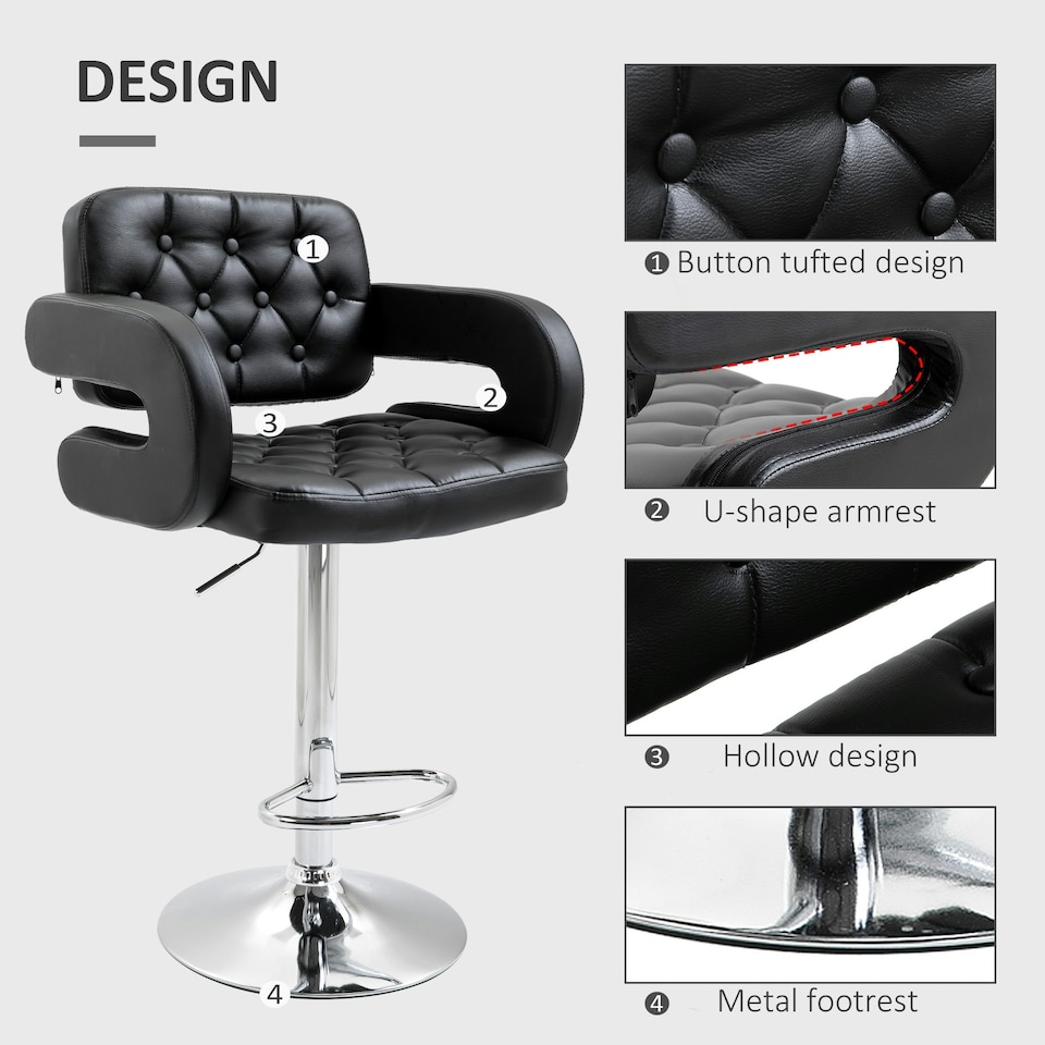 image 1 of HOMCOM Adjustable Height Barstool Steel Pole PU Leather, Black