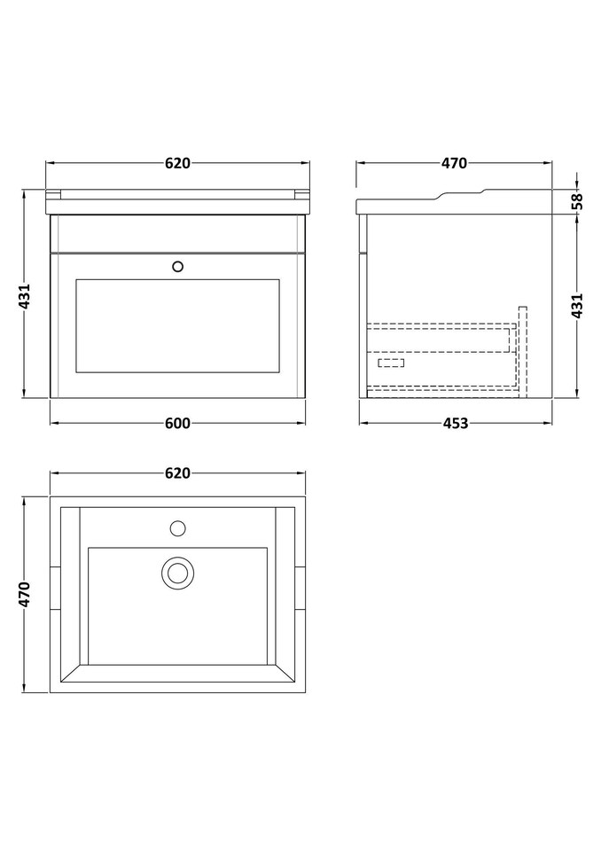 image 1 of Balterley Swynnerton Traditional 1 Drawer Wall Hung Vanity Unit with Basin, Satin Grey, 600mm