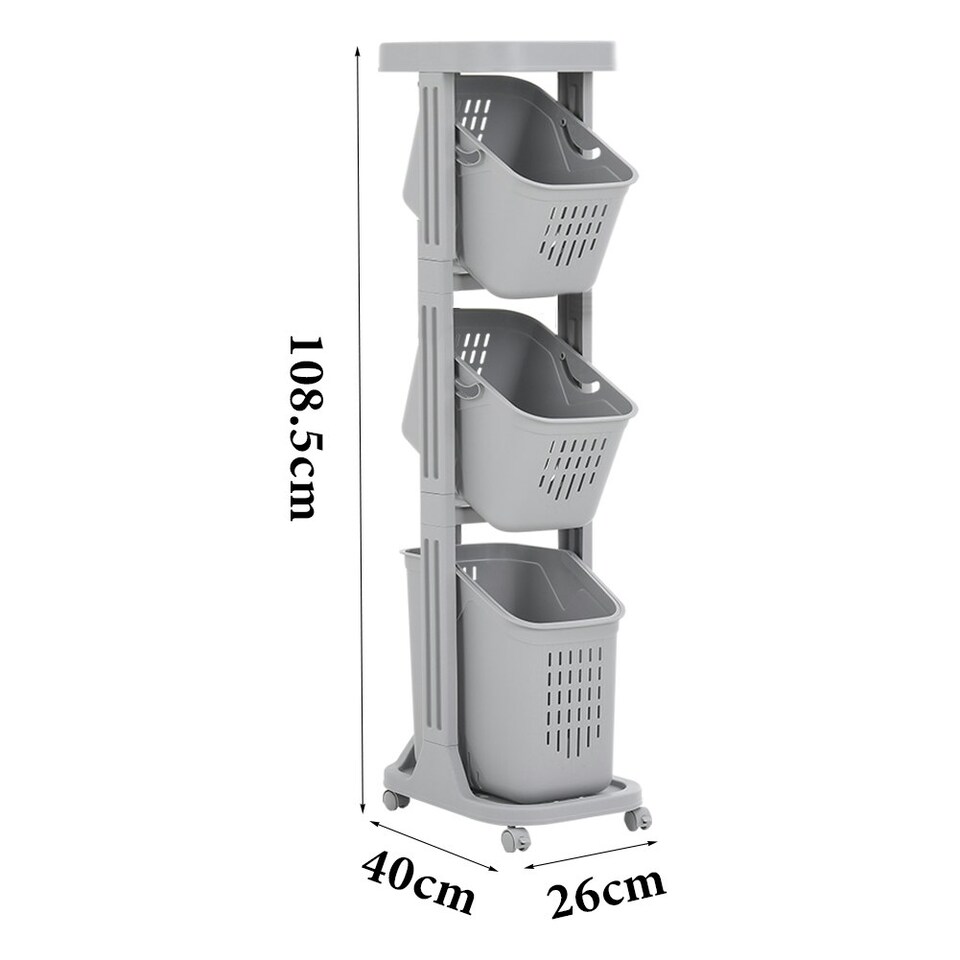 image 1 of Living and Home 4-Tier Storage Rack Laundry Basket with Wheels, Grey, 26cm W x 40cm D x 108.5cm H Grey