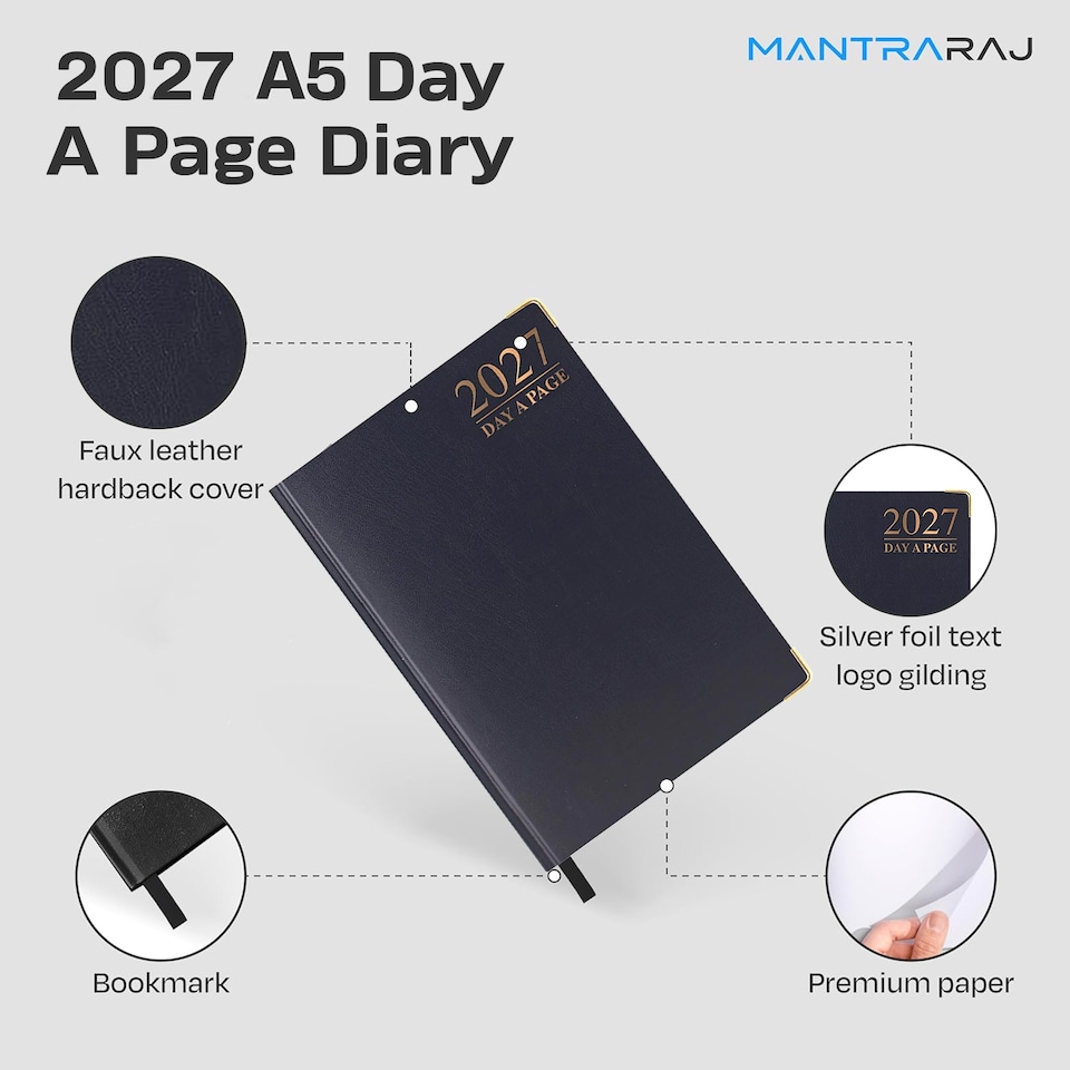 image 1 of MantraRaj 2027 Diary A5 Page A Day Padded Case Bound Desk Diary Office Organiser Planner Black