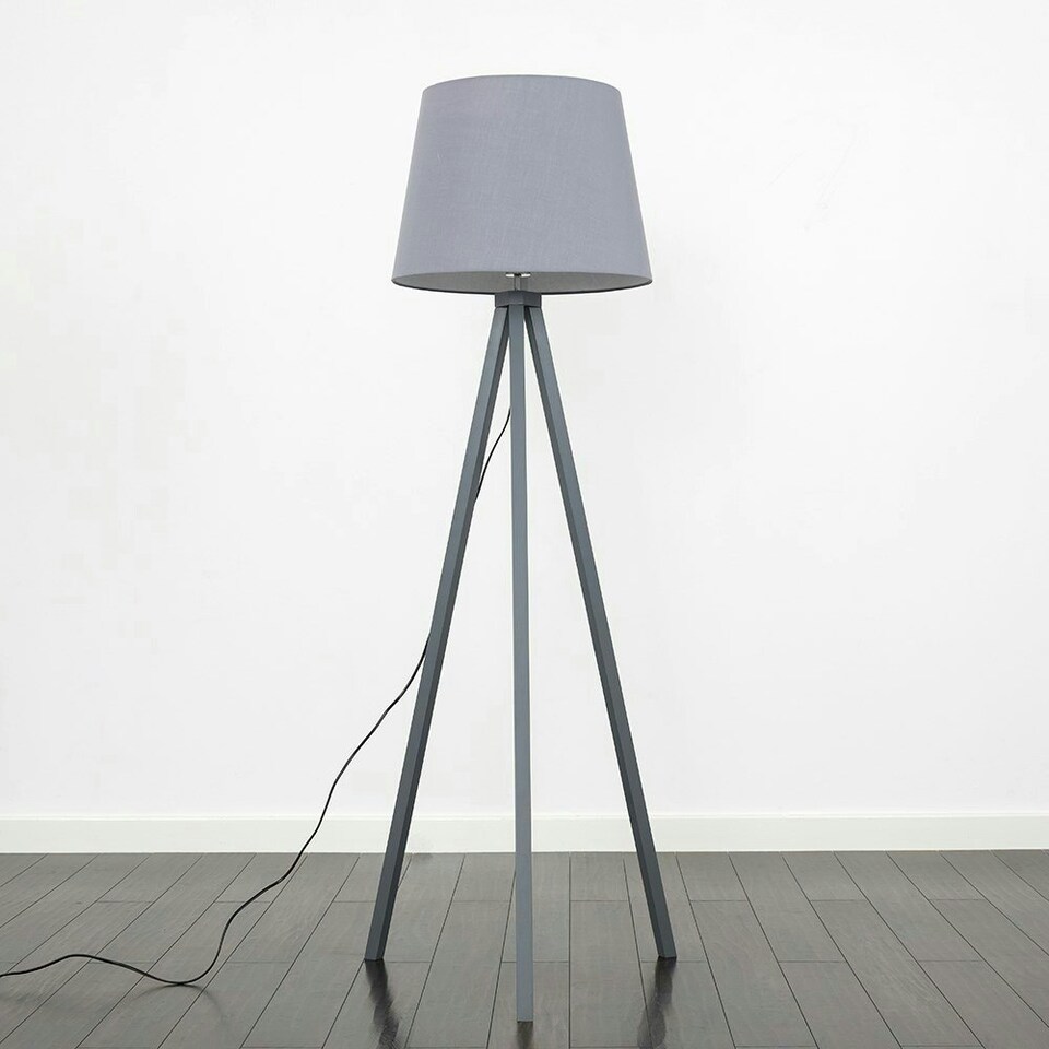 image 1 of ValueLights Modern Grey Wood Tripod Design Floor Lamp With Grey Shade