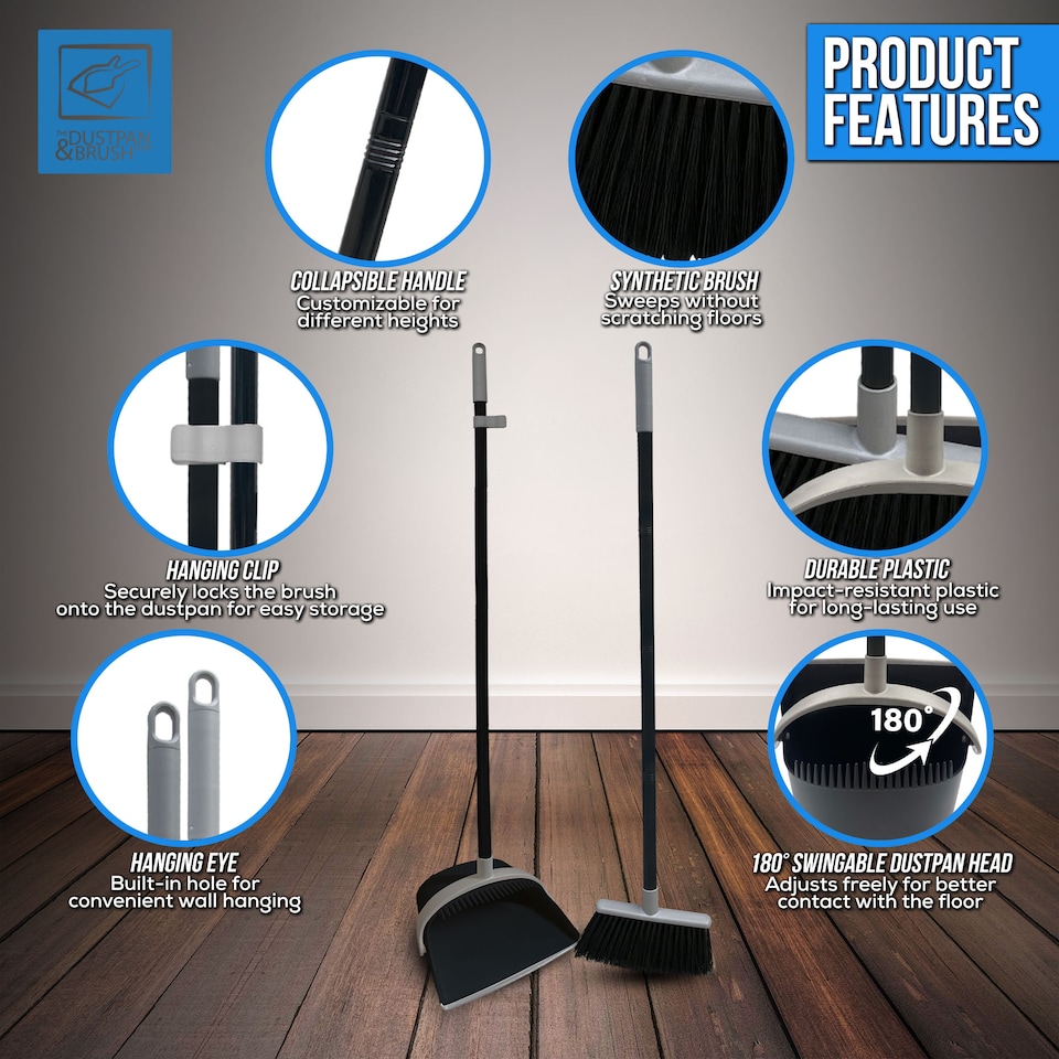 image 1 of Long Handled Dustpan and Brush Set Upright Sweeping Broom with Built-In Bristle Cleaner