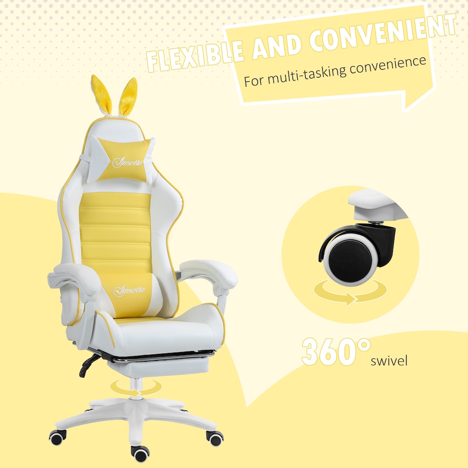 image 1 of Vinsetto Reclining Racing Gaming Chair with Headrest and Lumber Support, PU Leather Computer Chair with Removable Rabbit Ears, Footrest, Yellow